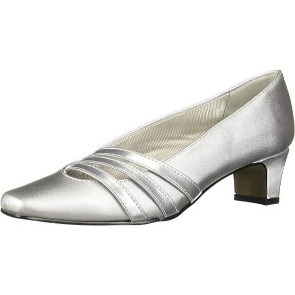 Easy Street Women's Entice‎ Dress Silver Satin Heels Closed Toe NEW 8.5 W
